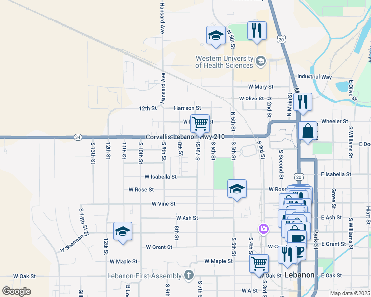 map of restaurants, bars, coffee shops, grocery stores, and more near 235 8th Street in Lebanon
