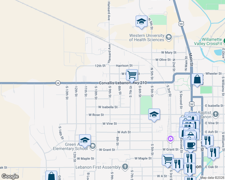 map of restaurants, bars, coffee shops, grocery stores, and more near 810 West Academy Street in Lebanon