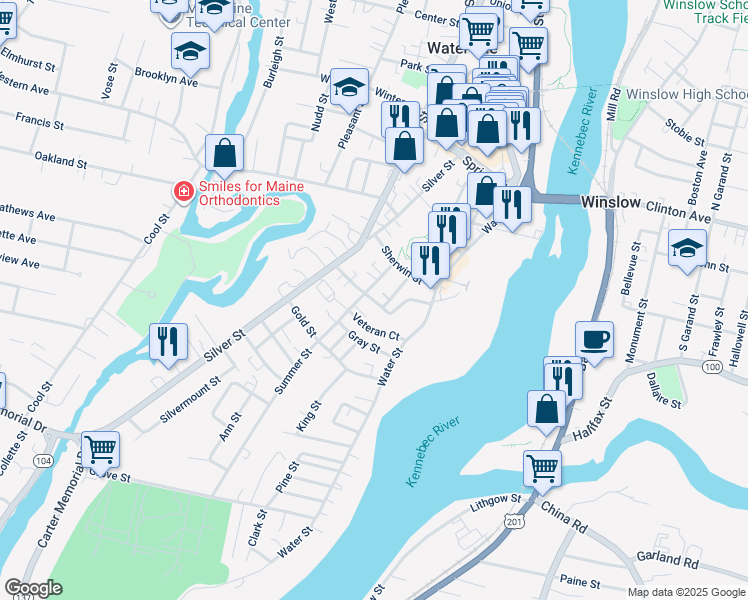 map of restaurants, bars, coffee shops, grocery stores, and more near 20 Summer Street in Waterville