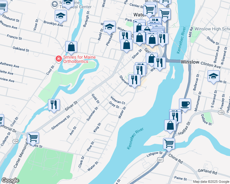 map of restaurants, bars, coffee shops, grocery stores, and more near 20 Summer Street in Waterville