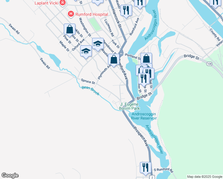 map of restaurants, bars, coffee shops, grocery stores, and more near 35 Spruce Street in Rumford
