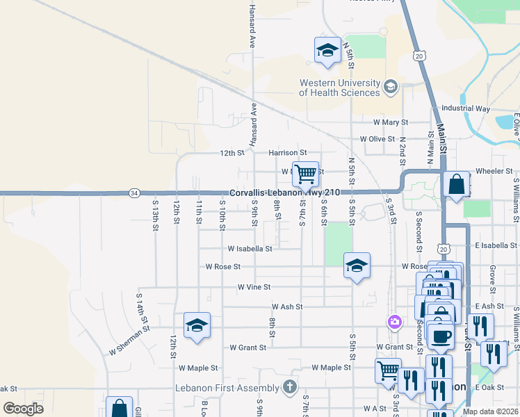 map of restaurants, bars, coffee shops, grocery stores, and more near 195 South 9th Street in Lebanon