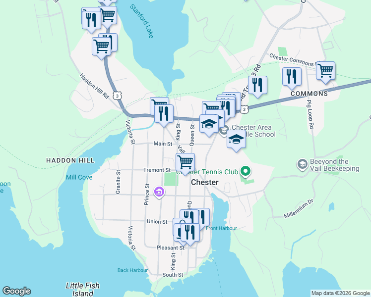 map of restaurants, bars, coffee shops, grocery stores, and more near 163 Queen Street in Chester