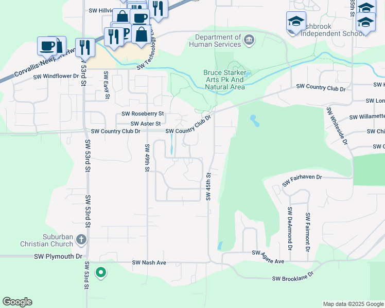 map of restaurants, bars, coffee shops, grocery stores, and more near 4649 Southwest Hollyhock Circle in Corvallis