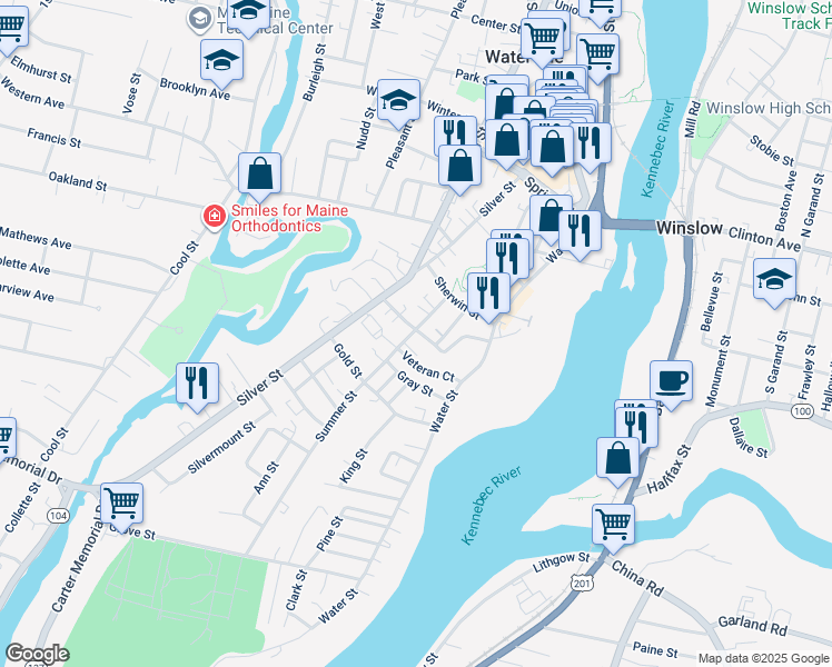 map of restaurants, bars, coffee shops, grocery stores, and more near 20 Summer Street in Waterville