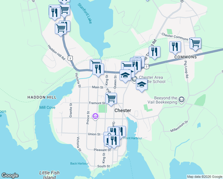 map of restaurants, bars, coffee shops, grocery stores, and more near 35 Main Street in Chester