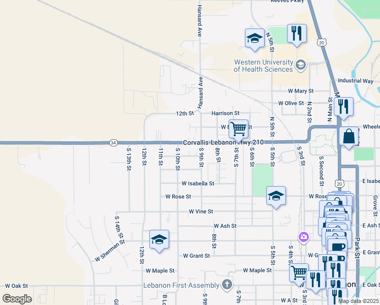 map of restaurants, bars, coffee shops, grocery stores, and more near 855 West Academy Street in Lebanon