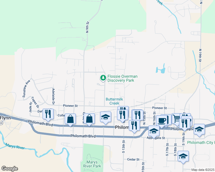 map of restaurants, bars, coffee shops, grocery stores, and more near 460 North 12th Street in Philomath
