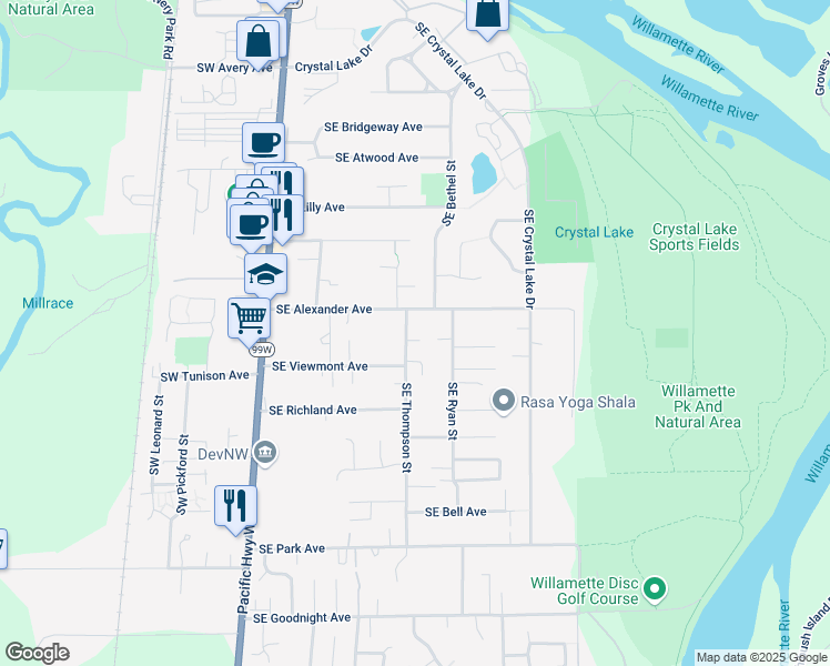 map of restaurants, bars, coffee shops, grocery stores, and more near 2207 Southeast Thompson Street in Corvallis