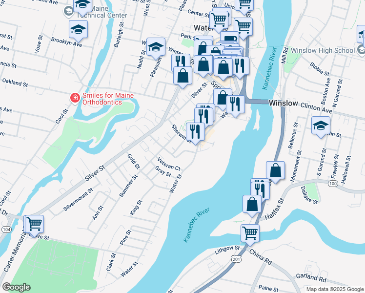 map of restaurants, bars, coffee shops, grocery stores, and more near 5 Autumn Street in Waterville