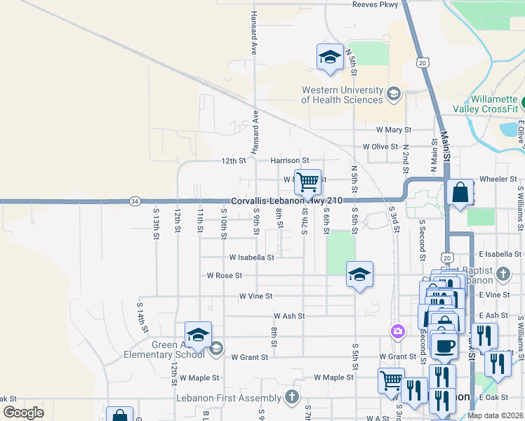 map of restaurants, bars, coffee shops, grocery stores, and more near 810 West Academy Street in Lebanon