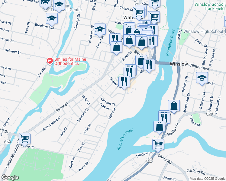 map of restaurants, bars, coffee shops, grocery stores, and more near 11 Autumn Street in Waterville