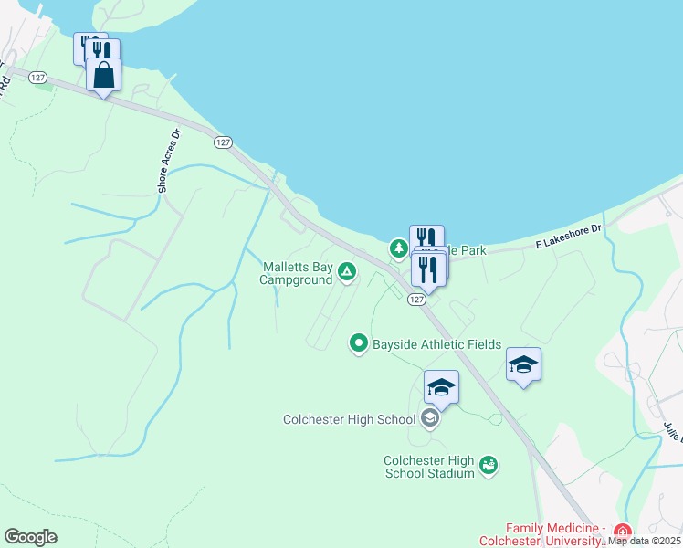 map of restaurants, bars, coffee shops, grocery stores, and more near 88 Malletts Bay Campground in Colchester