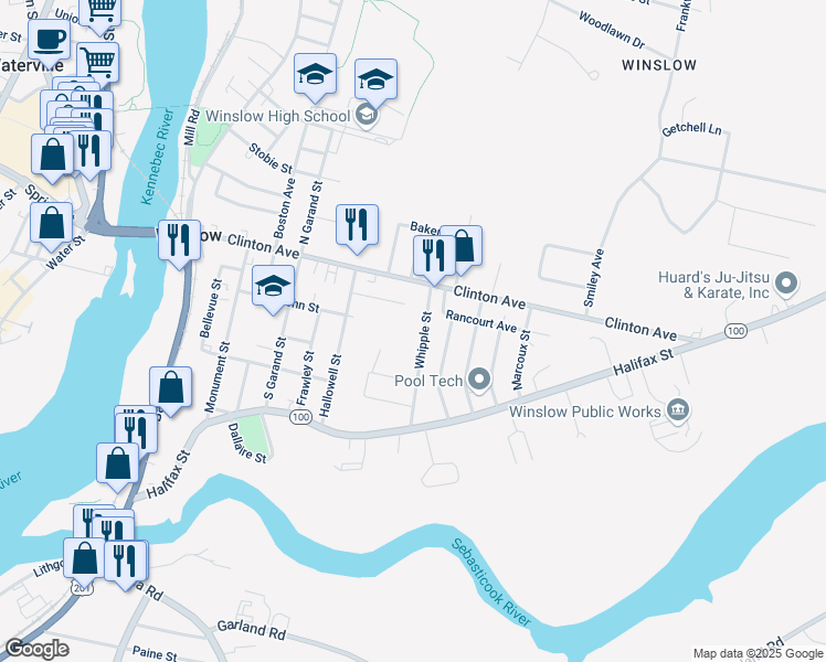 map of restaurants, bars, coffee shops, grocery stores, and more near 17 Whipple Street in Winslow