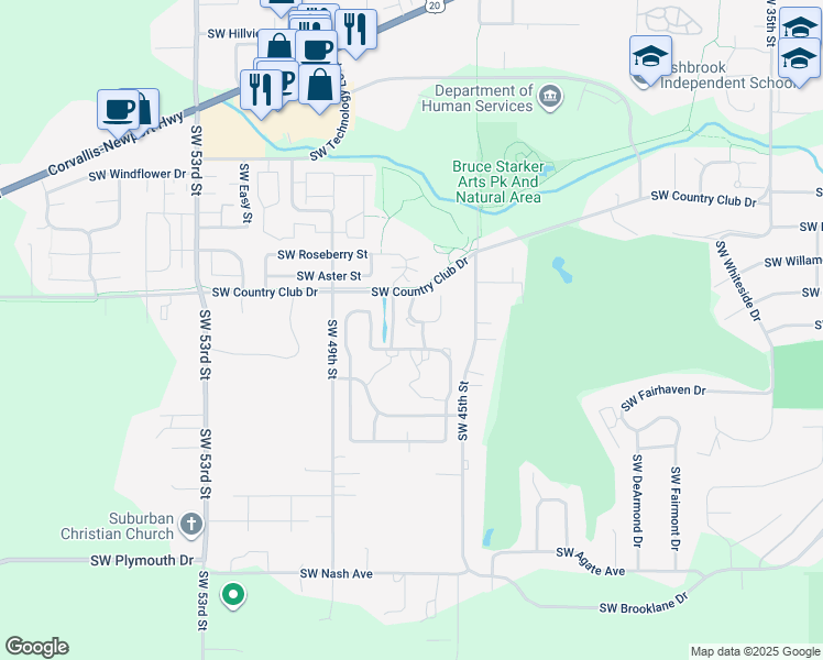 map of restaurants, bars, coffee shops, grocery stores, and more near 4668 Southwest 47th Place in Corvallis