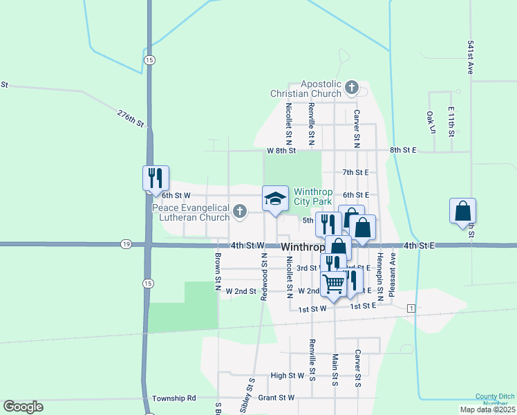 map of restaurants, bars, coffee shops, grocery stores, and more near 406 6th Street West in Winthrop