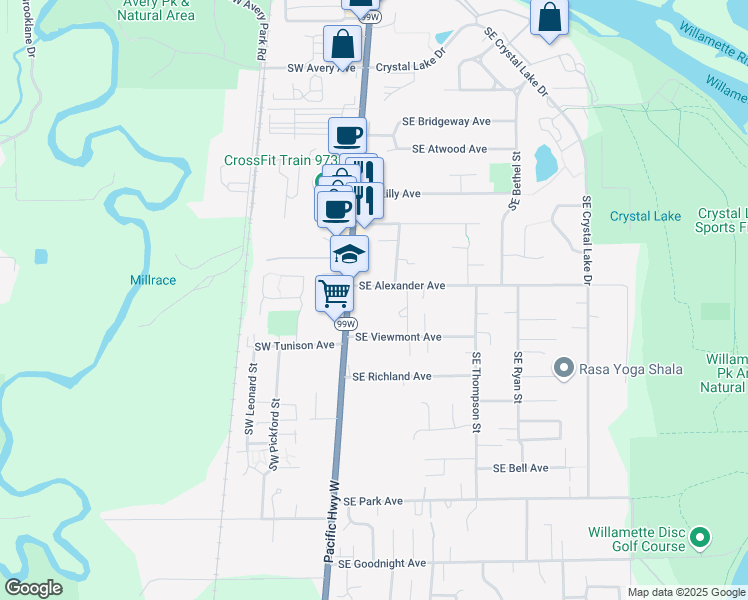 map of restaurants, bars, coffee shops, grocery stores, and more near 2045 Southeast 3rd Street in Corvallis