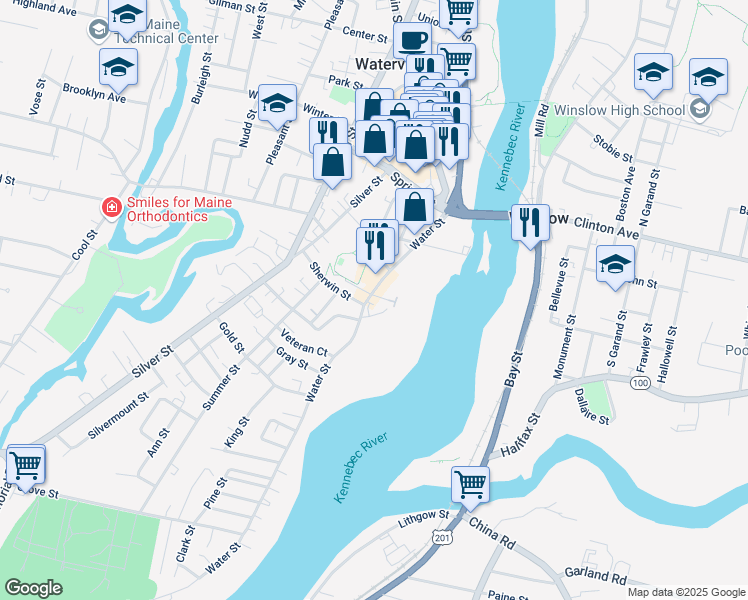 map of restaurants, bars, coffee shops, grocery stores, and more near 39 Water Street in Waterville