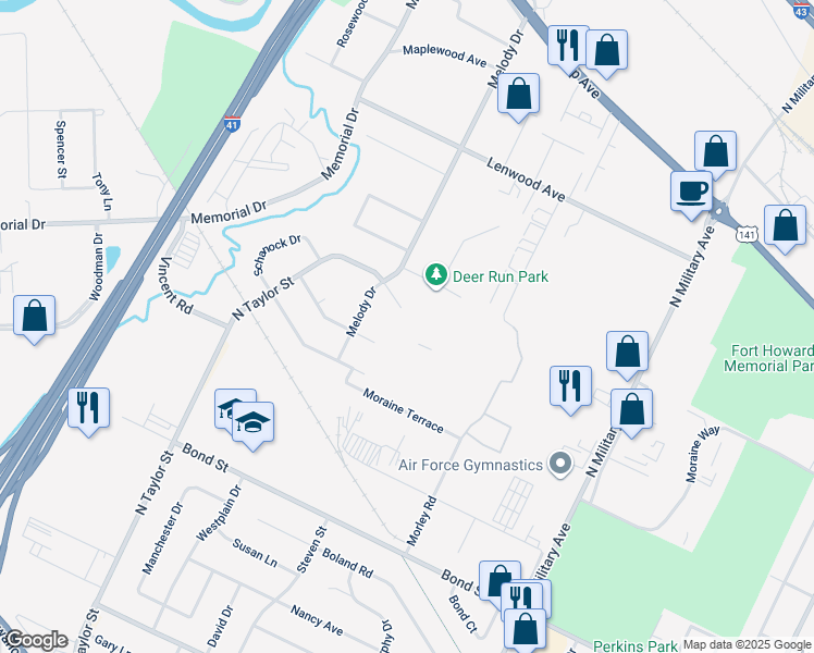 map of restaurants, bars, coffee shops, grocery stores, and more near 1086 Melody Drive in Green Bay
