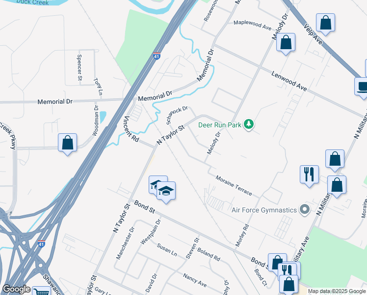 map of restaurants, bars, coffee shops, grocery stores, and more near 2069 Schanock Drive in Green Bay
