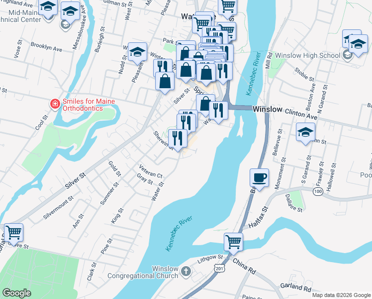 map of restaurants, bars, coffee shops, grocery stores, and more near 39 Water Street in Waterville