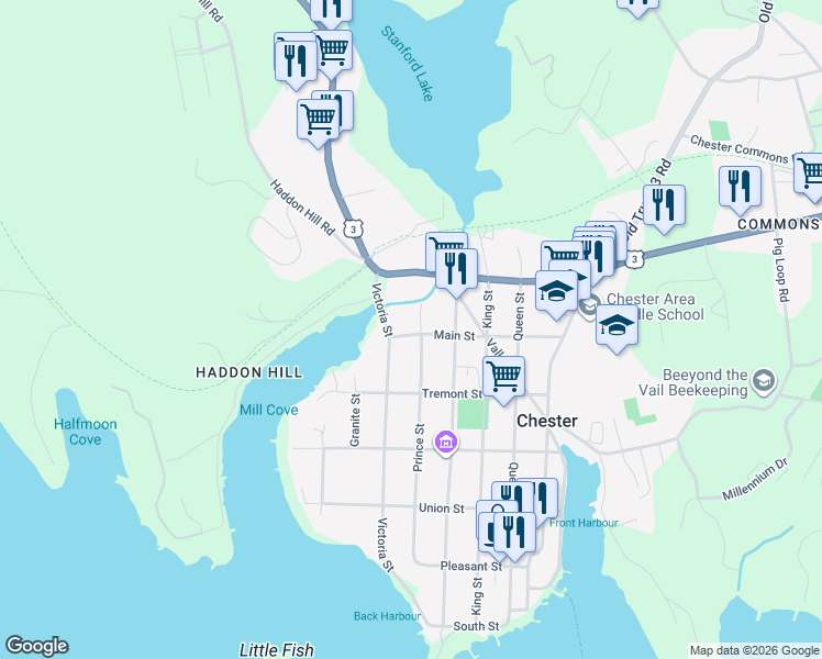 map of restaurants, bars, coffee shops, grocery stores, and more near 92 Main Street in Chester