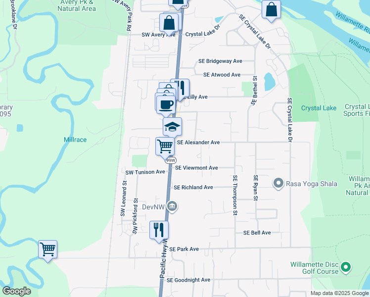 map of restaurants, bars, coffee shops, grocery stores, and more near 110 Southeast Alexander Avenue in Corvallis