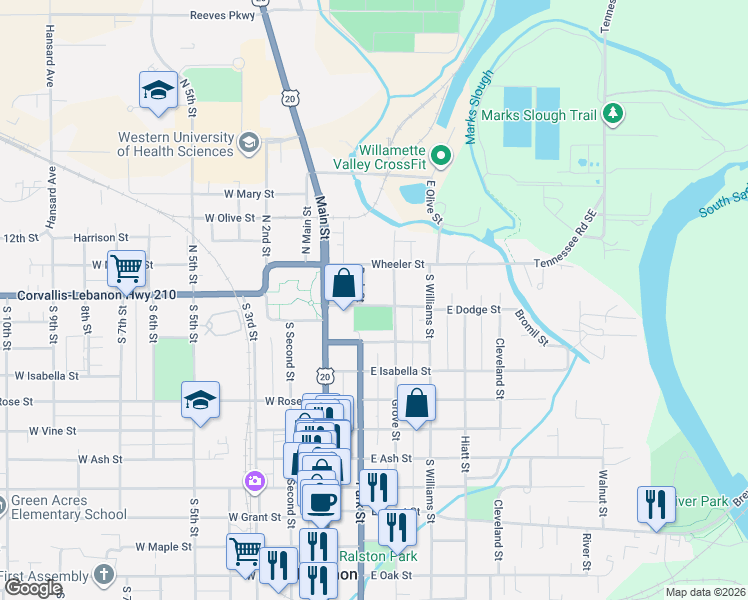 map of restaurants, bars, coffee shops, grocery stores, and more near 143 East Dodge Street in Lebanon