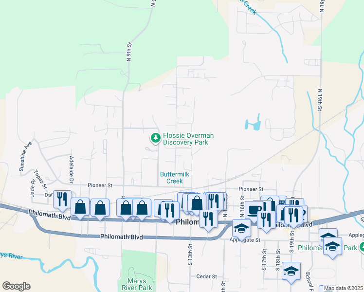 map of restaurants, bars, coffee shops, grocery stores, and more near 623 North 12th Street in Philomath