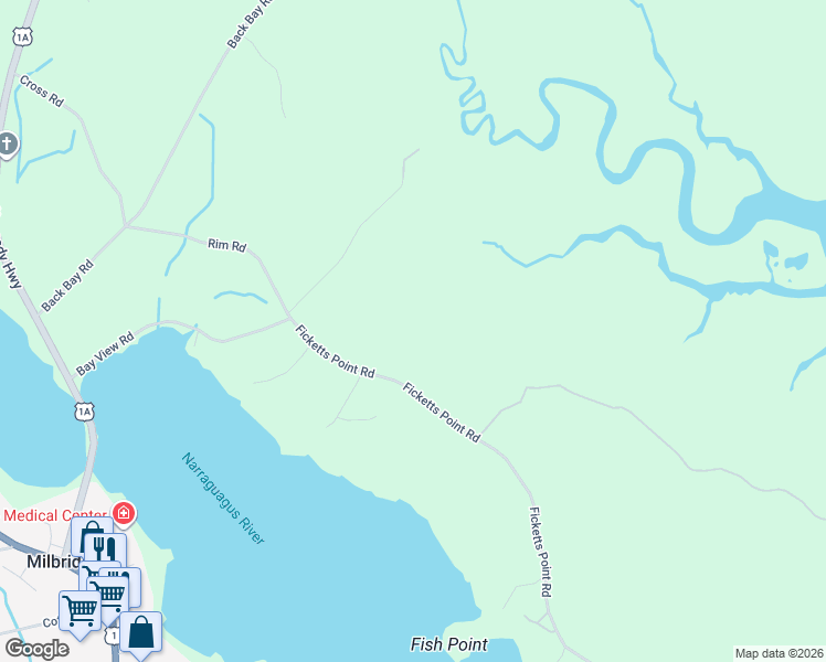 map of restaurants, bars, coffee shops, grocery stores, and more near 50 Ficketts Point Road in Milbridge
