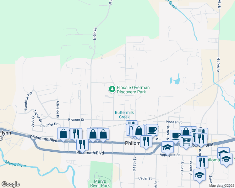 map of restaurants, bars, coffee shops, grocery stores, and more near 611 North 11th Street in Philomath