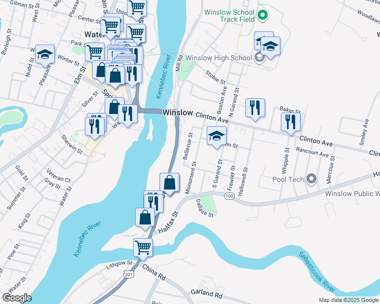 map of restaurants, bars, coffee shops, grocery stores, and more near 15 Monument Street in Winslow