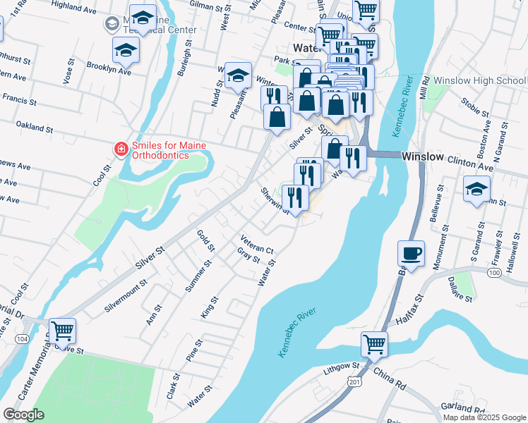 map of restaurants, bars, coffee shops, grocery stores, and more near 17 Sherwin Street in Waterville