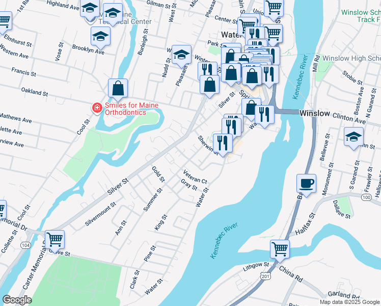 map of restaurants, bars, coffee shops, grocery stores, and more near 80 Silver Street in Waterville