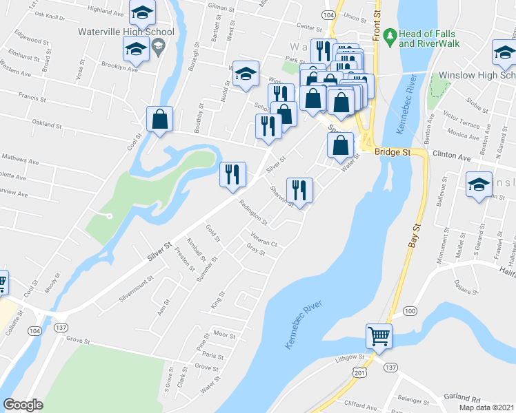 map of restaurants, bars, coffee shops, grocery stores, and more near 9 Summer Street in Waterville