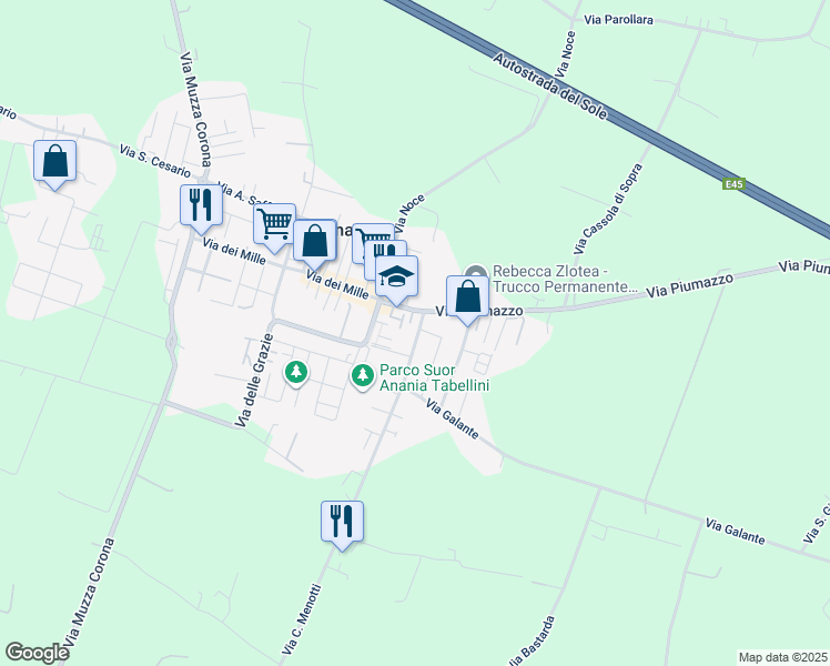 map of restaurants, bars, coffee shops, grocery stores, and more near 261 Via Piumazzo in Piumazzo