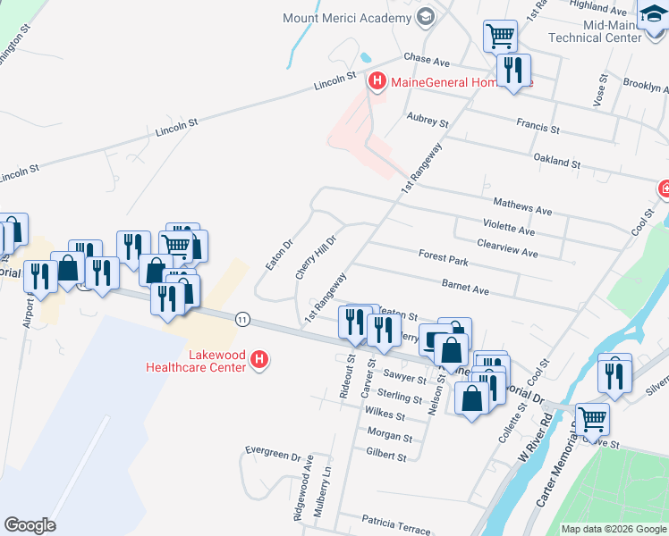 map of restaurants, bars, coffee shops, grocery stores, and more near 12 Cherry Hill Drive in Waterville