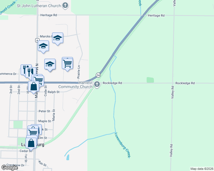 map of restaurants, bars, coffee shops, grocery stores, and more near E1509 Rockledge Road in Luxemburg