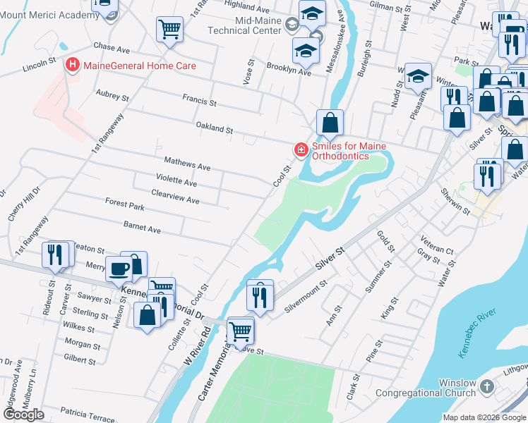 map of restaurants, bars, coffee shops, grocery stores, and more near 2 Violette Avenue in Waterville