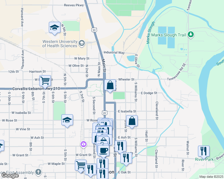 map of restaurants, bars, coffee shops, grocery stores, and more near 45 Park Street in Lebanon