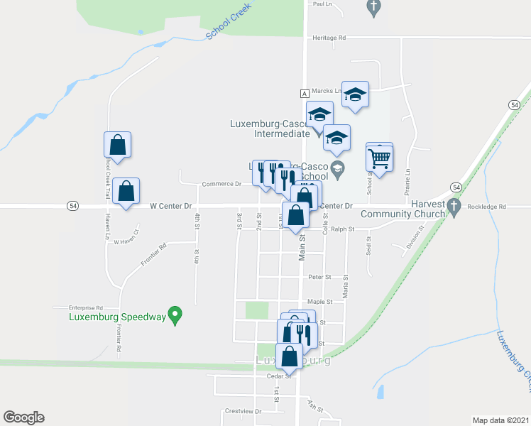 map of restaurants, bars, coffee shops, grocery stores, and more near 100 2nd Street in Luxemburg
