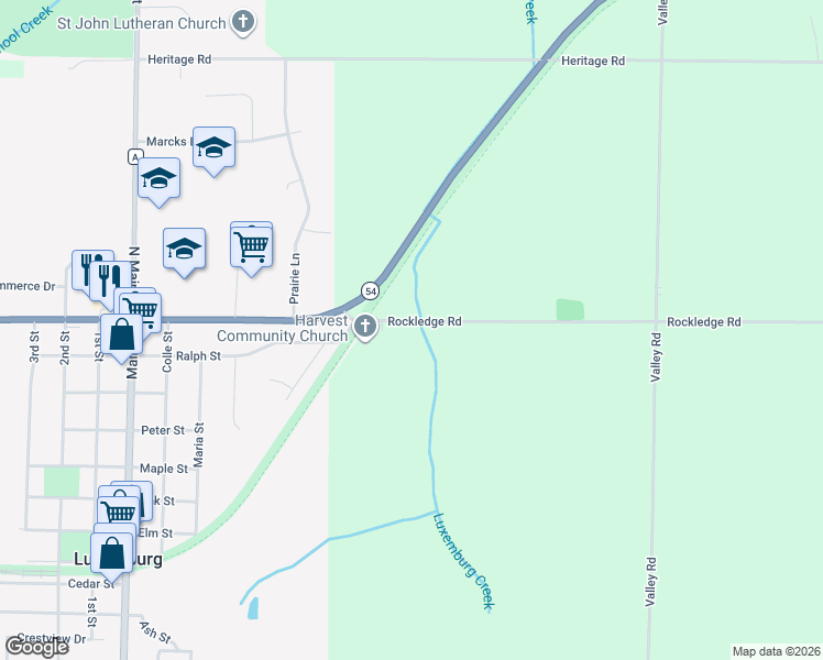 map of restaurants, bars, coffee shops, grocery stores, and more near E1509 Rockledge Road in Luxemburg
