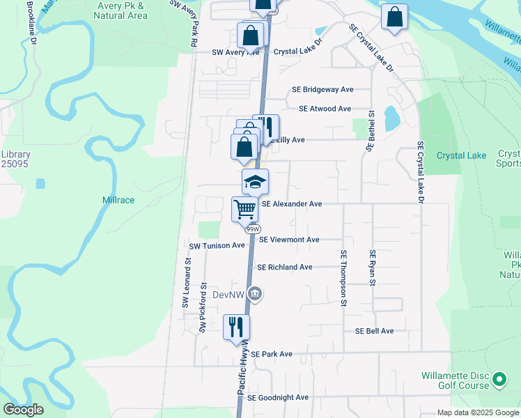 map of restaurants, bars, coffee shops, grocery stores, and more near 110 Southeast Alexander Avenue in Corvallis