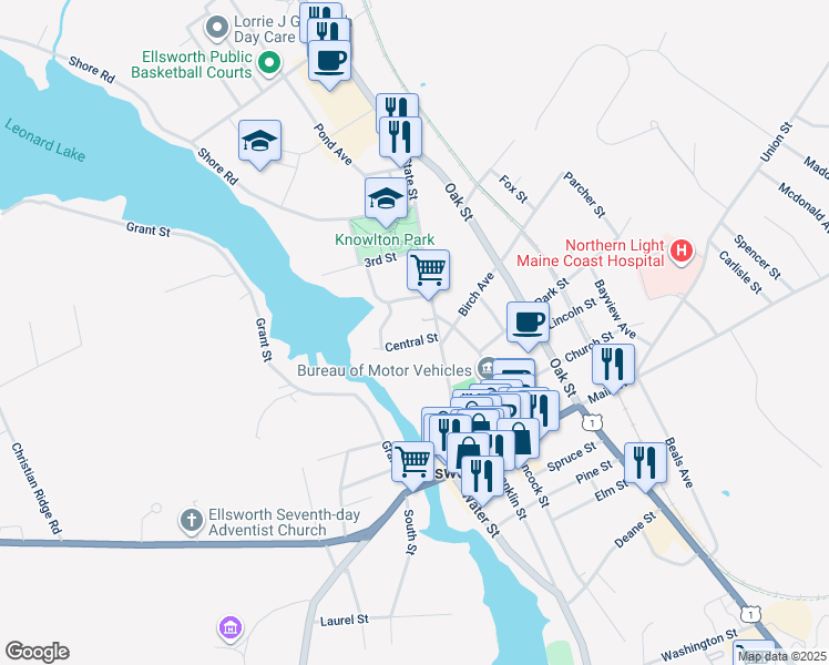 map of restaurants, bars, coffee shops, grocery stores, and more near 20 Sterling Street in Ellsworth