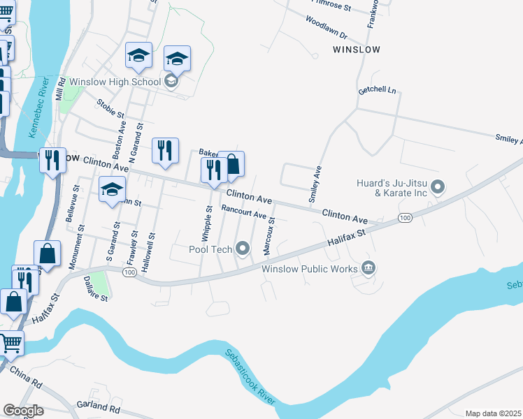 map of restaurants, bars, coffee shops, grocery stores, and more near 125 Clinton Avenue in Winslow