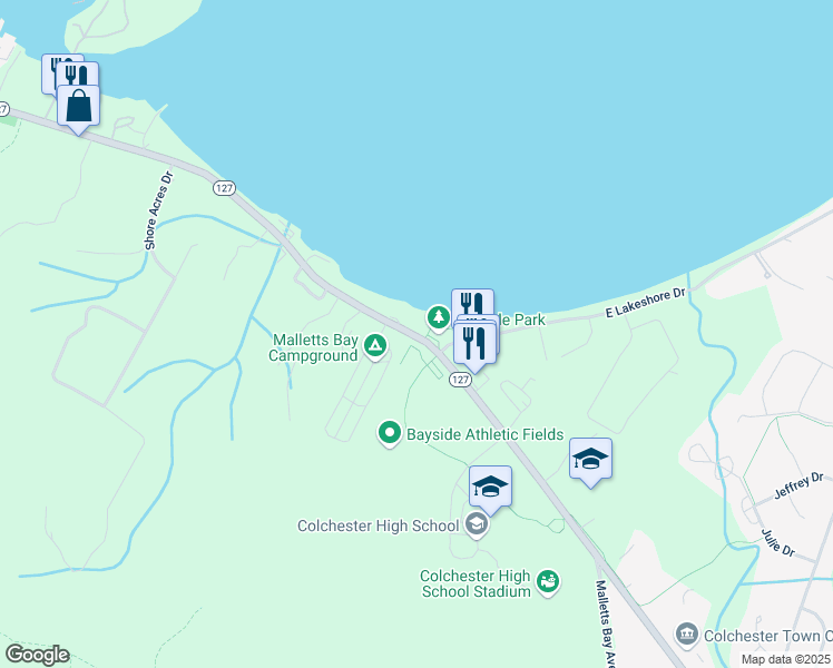 map of restaurants, bars, coffee shops, grocery stores, and more near 38 West Lakeshore Drive in Colchester