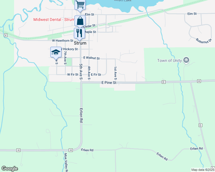 map of restaurants, bars, coffee shops, grocery stores, and more near 401 East Pine Street in Strum