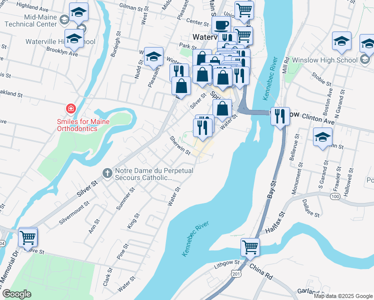 map of restaurants, bars, coffee shops, grocery stores, and more near 39 Water Street in Waterville