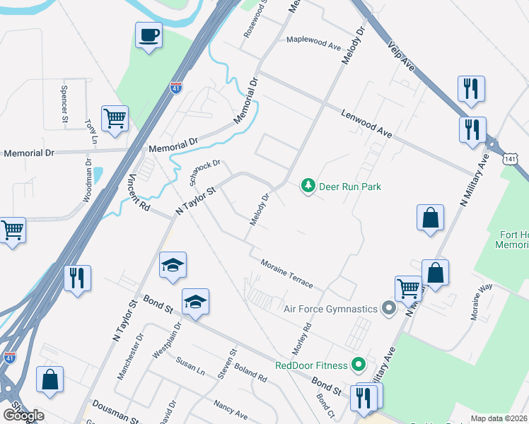 map of restaurants, bars, coffee shops, grocery stores, and more near 1065 Melody Drive in Green Bay
