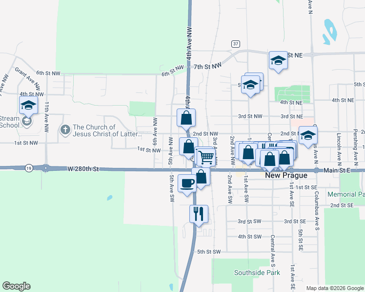 map of restaurants, bars, coffee shops, grocery stores, and more near 210 4th Avenue Northwest in New Prague